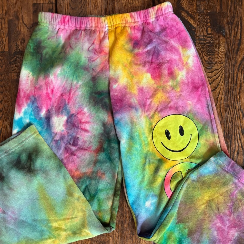 Tie-Dye Sweatpants with Smiley Face; Elastic waist; See Photos for Measurmemts.